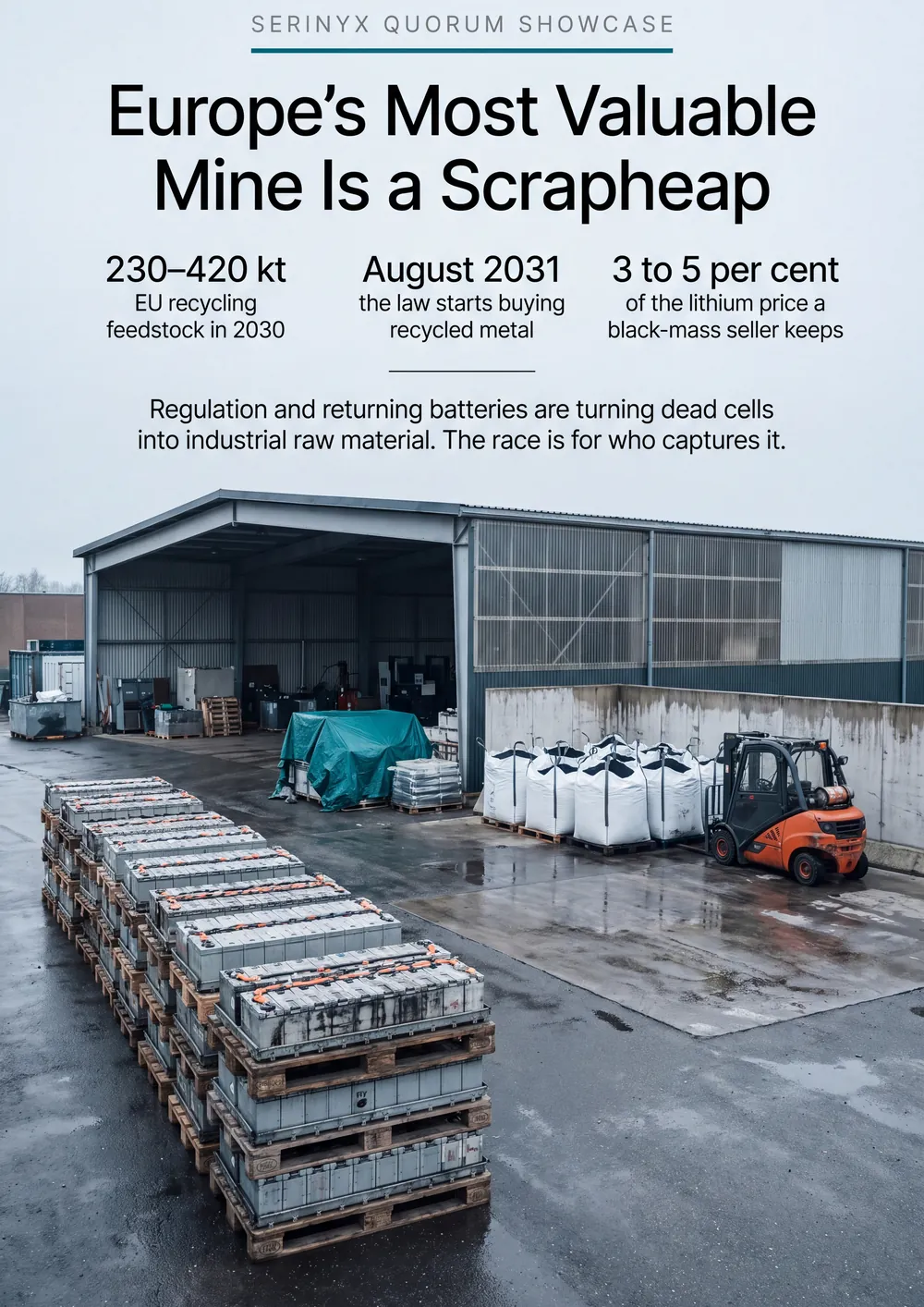 The report cover: Europe’s Most Valuable Mine Is a Scrapheap, over a photograph of used battery packs stacked on pallets in a recycling yard.